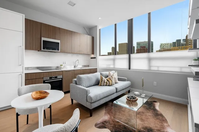 a living room with furniture and a kitchen area