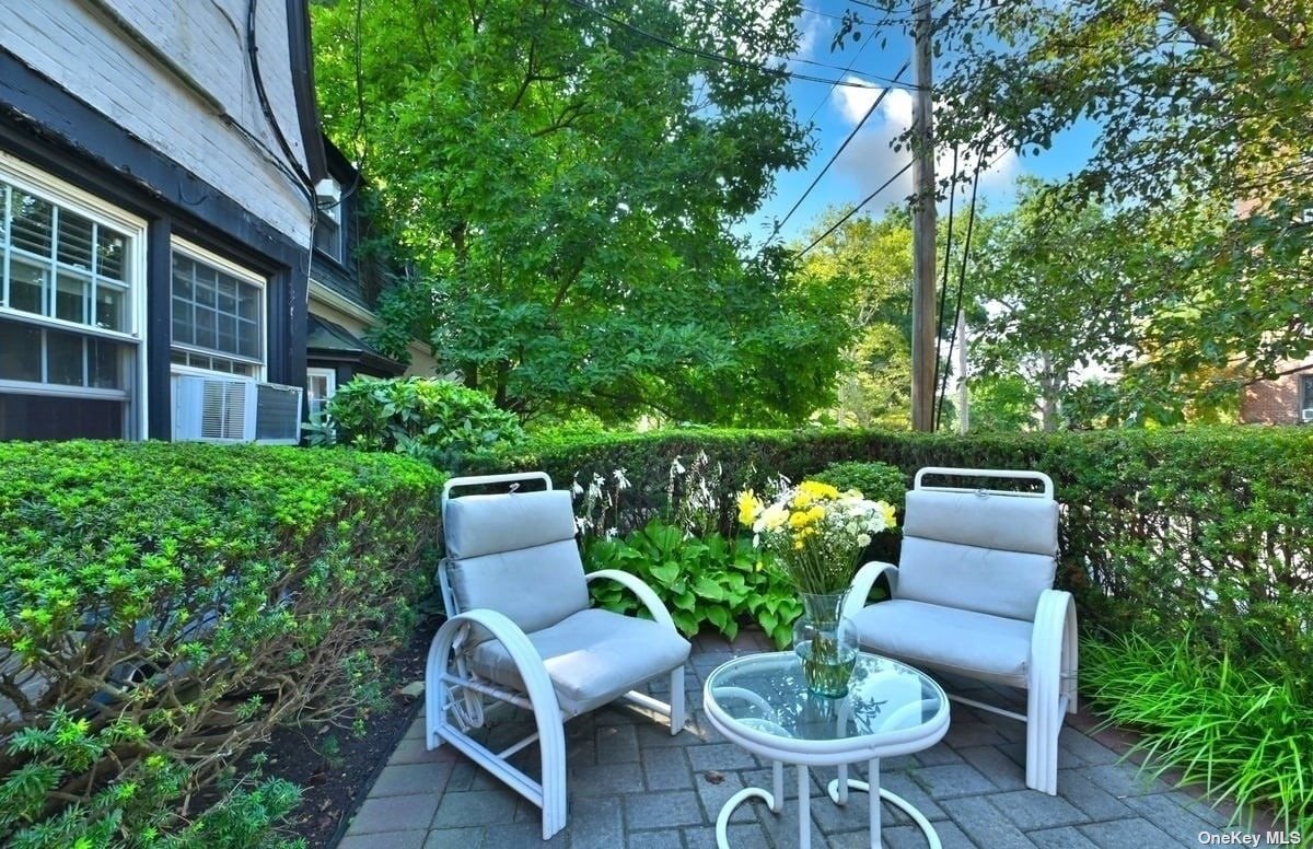 a backyard with table and chairs potted plants and a large tree