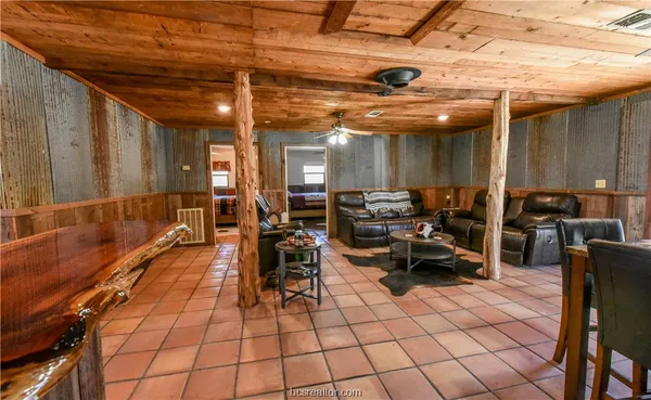 a lobby with furniture