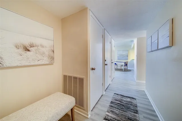 a view of a hallway with a furniture