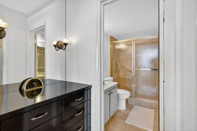 a bathroom with a shower and a toilet