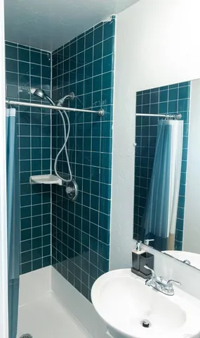 a bathroom with a sink a shower and a sink