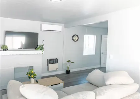 a living room with furniture and a potted plant