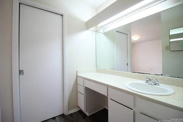 a bathroom with a sink and a mirror