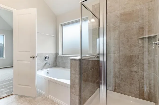 a bathroom with a bathtub and a shower
