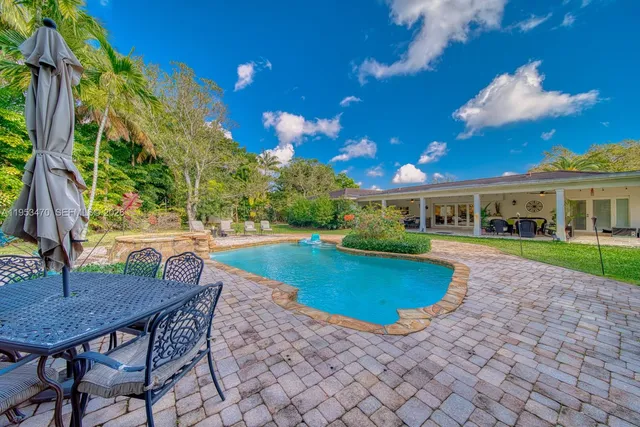 a view of a swimming pool with a patio