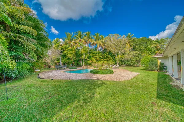 a view of a swimming pool with a garden