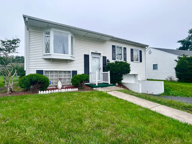 a front view of a house with a yard and green space