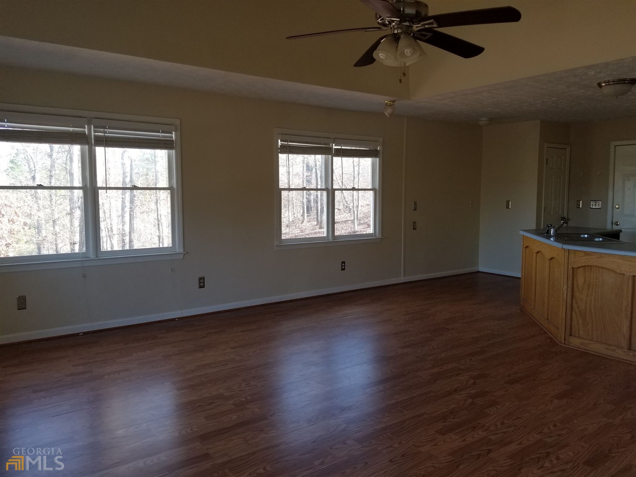 163 Tommy Barnett Road Nicholson, GA 30565 - Photo 4 of 14 an empty room with wooden floor fan and windows