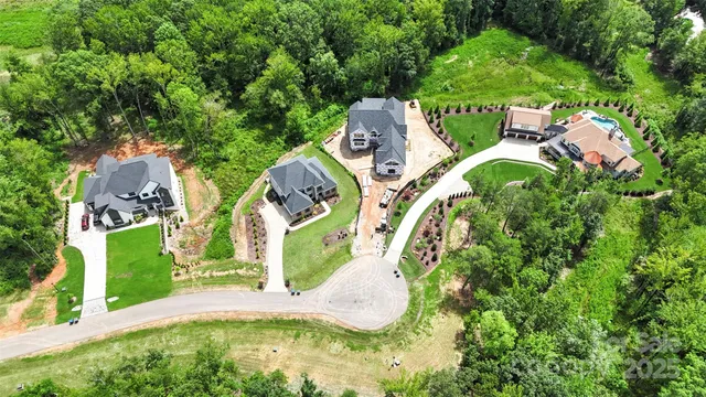 an aerial view of a house with a yard and large trees