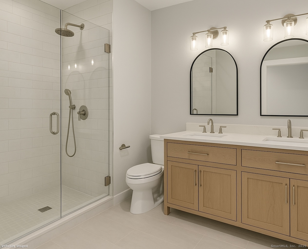 97 Field Point Drive, Unit 97 Fairfield, CT 06824 - Photo 28 of 40 a bathroom with a double vanity sink toilet and shower