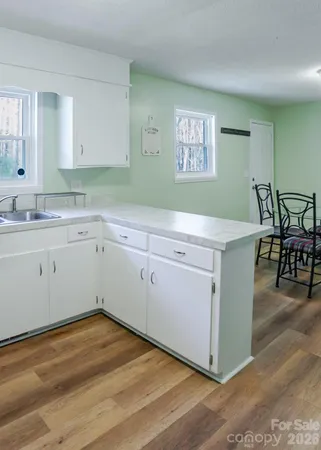 a kitchen with a sink cabinets and wooden floor