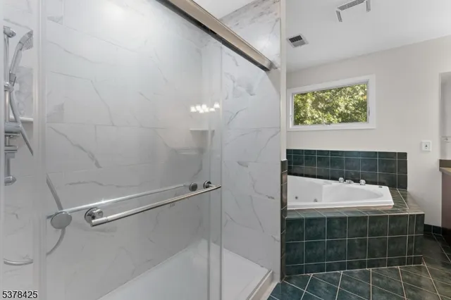 a bathroom with a bathtub and a shower