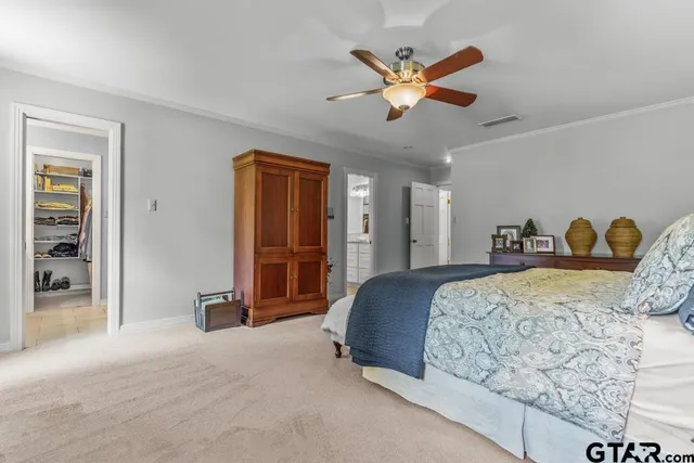 a bedroom with a bed and a ceiling fan