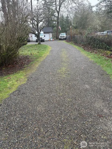 a view of a backyard with large trees
