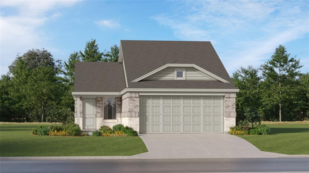 2548 Guineas Lane Pilot Point, TX 76258 - Photo 1 of 1 Contemporary exterior featuring a combination of brick and stone siding, a dark shingle roof, a two-car garage, and a covered front entry