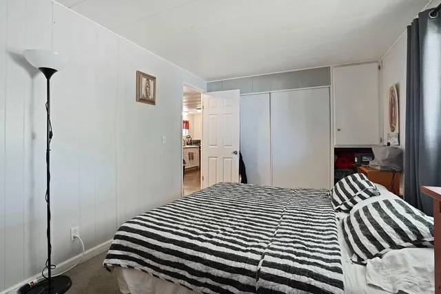 a bedroom with a bed and a closet