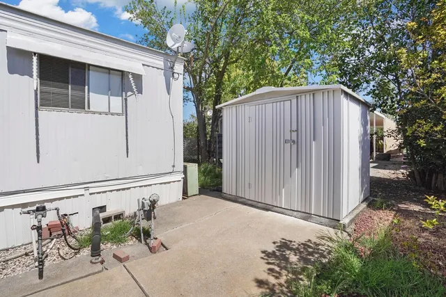 a backyard of a house with potted plants and large tree
