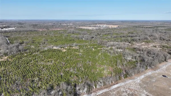 a view of a field with trees in the background