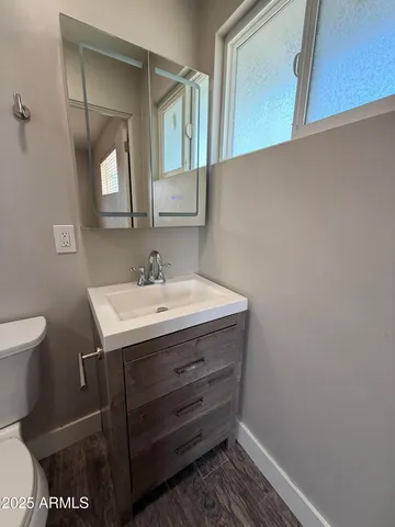 a bathroom with a sink a toilet and mirror