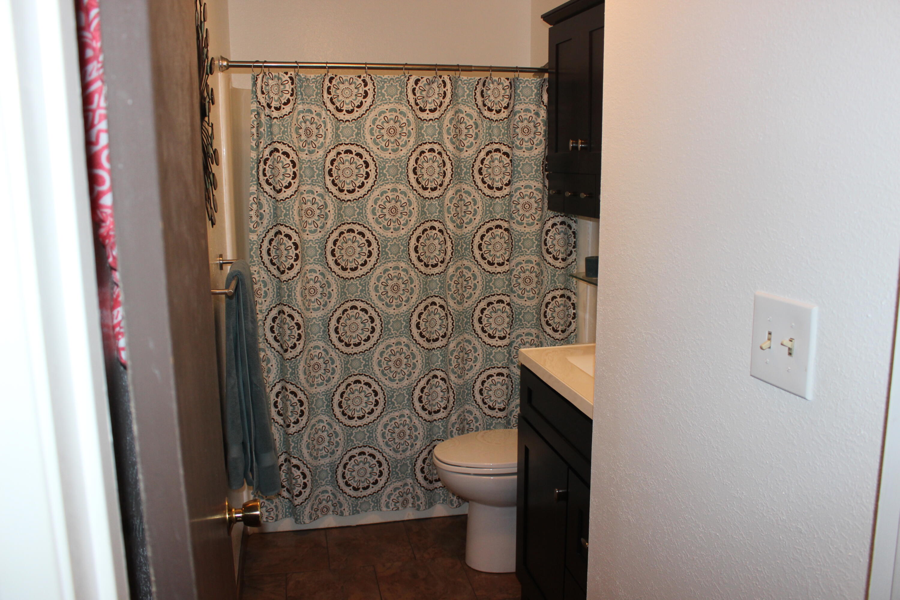 20244 Arrowood Street Burney, CA 96013 - Photo 14 of 19 a bathroom with a toilet and a shower curtain