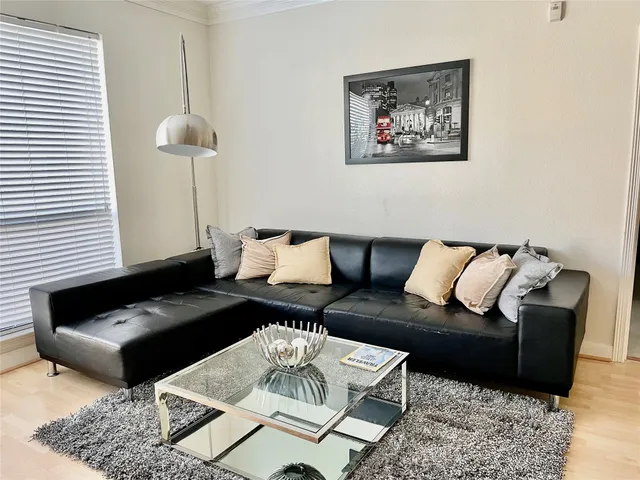 a living room with furniture and a rug