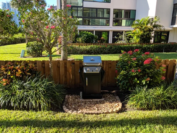 a view of a garden with a building in the background