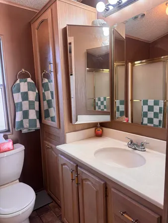a bathroom with a sink a toilet a mirror and shower