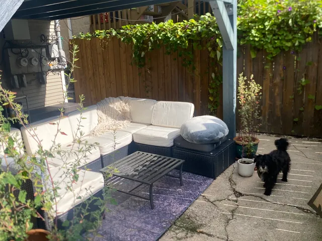 a building outdoor space with patio furniture