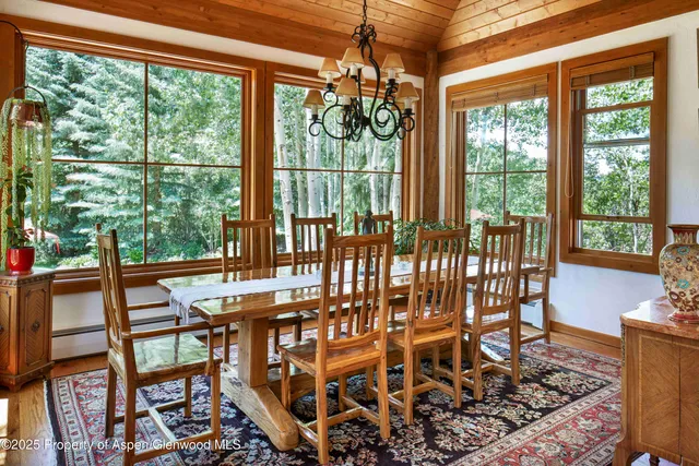 a view of a dining room with furniture window and outside view