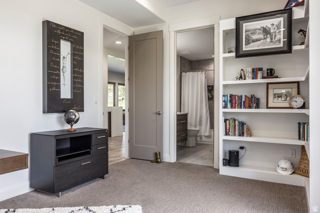 140 West Vista Road Kamas, UT 84036 - Photo 68 of 101 Built-in white shelving, recessed lighting, and a neutral carpeted floor