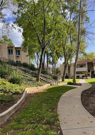 a view of a backyard with large trees