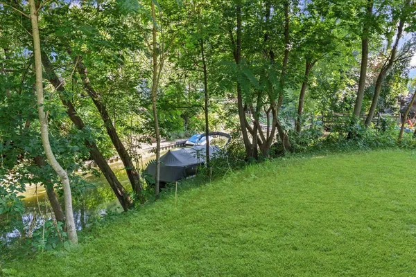 a view of a backyard with a garden and trees