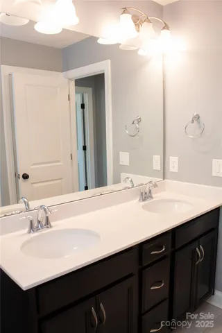 a bathroom with a double vanity sink and mirror