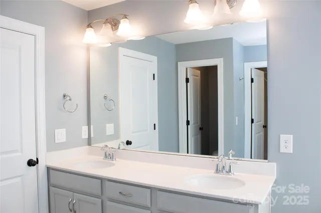 a bathroom with a sink double vanity and a mirror