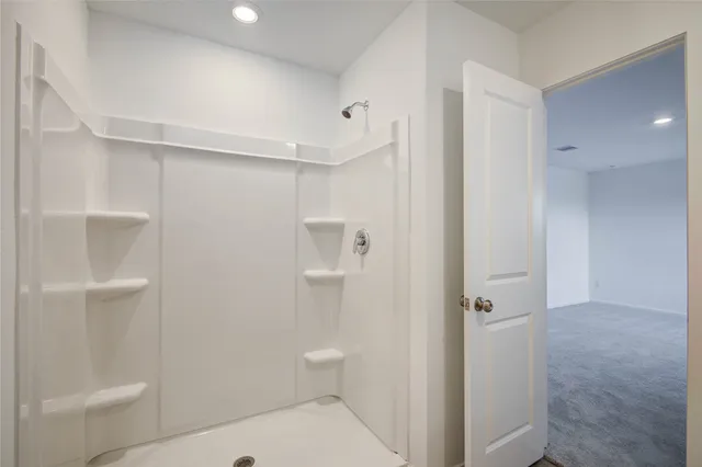 a bathroom with a shower and toilet