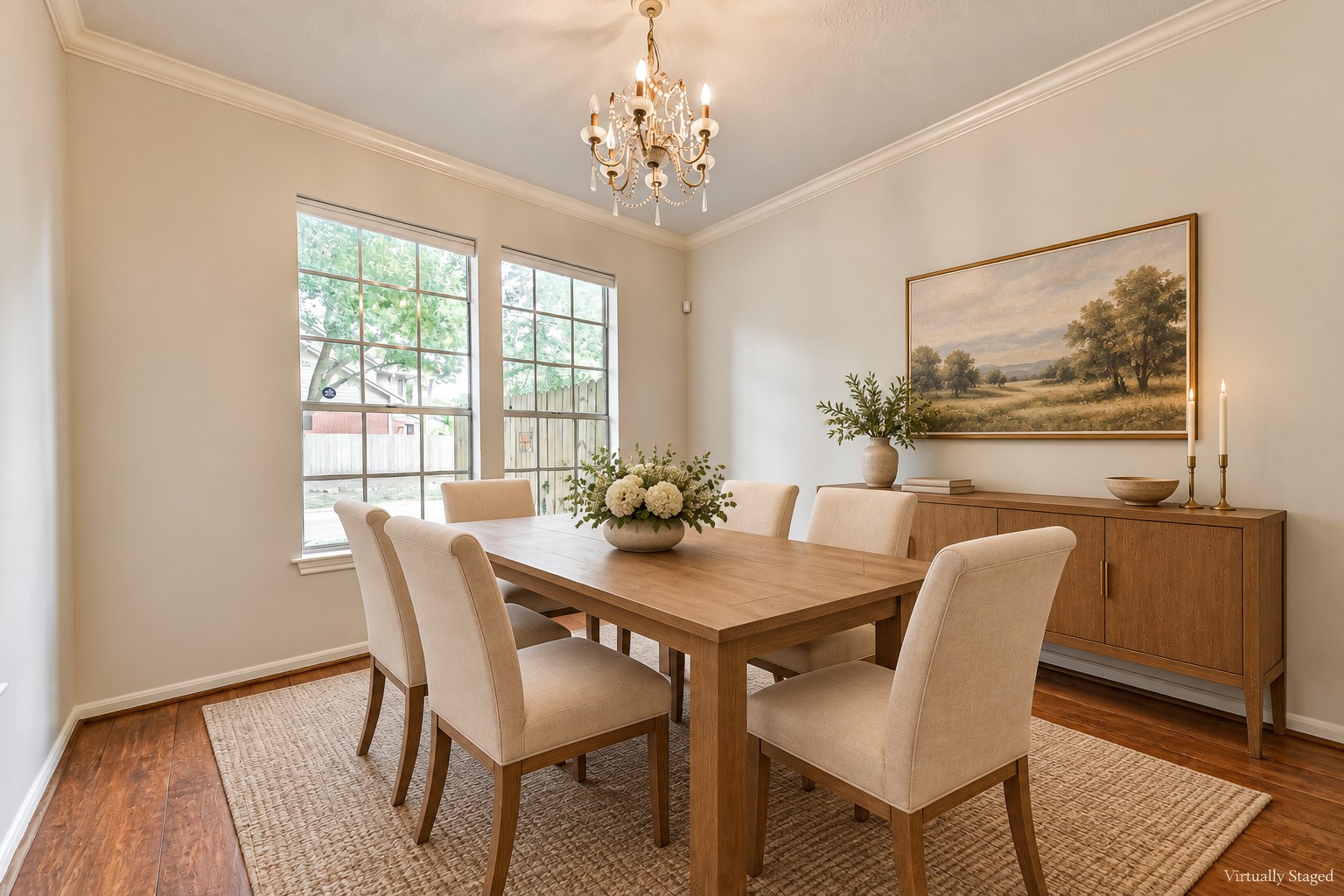 6338 Maple Spring Place Humble, TX 77346 - Photo 19 of 50 Virtually staged — From holiday dinners to evenings with friends, this dining room offers a dedicated place to gather and linger. Tall windows, crown molding, and a chandelier bring warmth and character to every occasion.