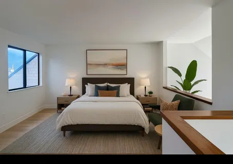 a bedroom with a bed a potted plant and a window