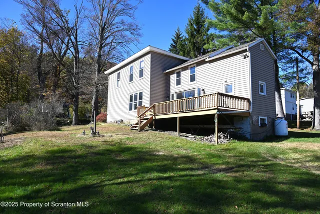 a view of a backyard with large trees