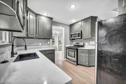 22790 Chardon Road Euclid, OH 44117 - Photo 4 of 35 Kitchen with gray cabinetry, light hardwood / wood-style flooring, stainless steel appliances, and sink