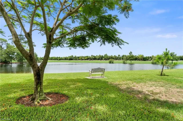 a view of a lake with a yard and large trees
