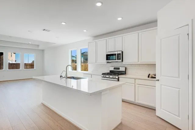 a kitchen with granite countertop white cabinets and stainless steel appliances
