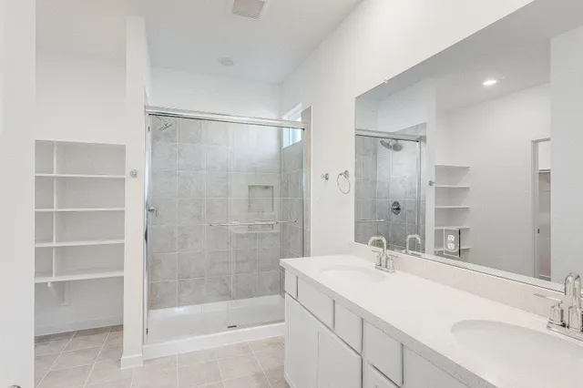 a bathroom with a shower sink vanity and mirror