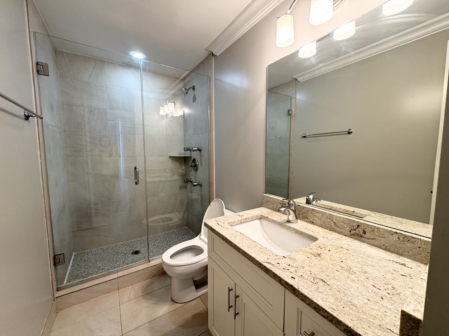 951 West Huron Street, Unit 402 Chicago, IL 60642 - Photo 13 of 18 a bathroom with a granite countertop sink a toilet a mirror and shower