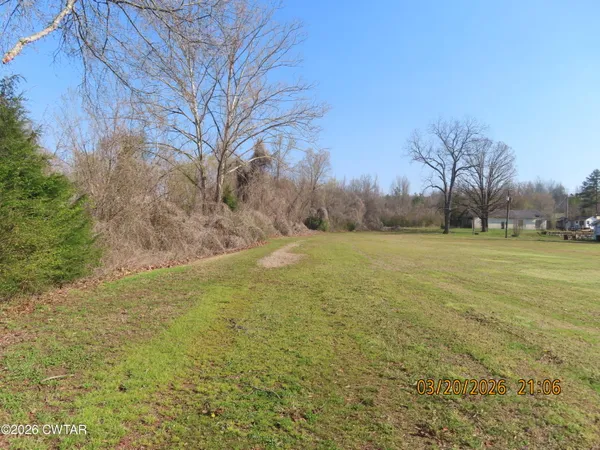 a view of a grassy field with trees in the background