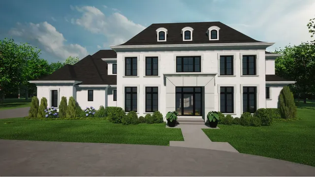 a front view of a house with a yard and trees