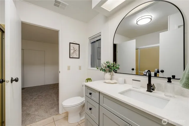 a bathroom with a sink a toilet and a mirror