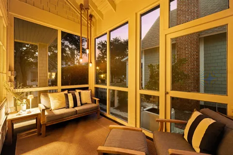 an aerial view of a house with outdoor space