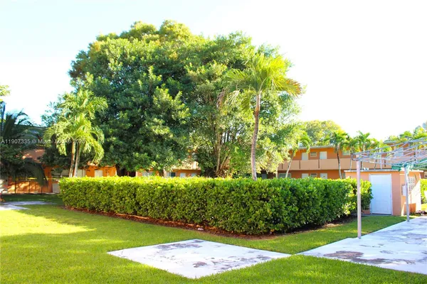 a view of a garden with plants and large trees
