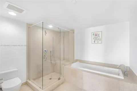 a bathroom with a shower and a toilet